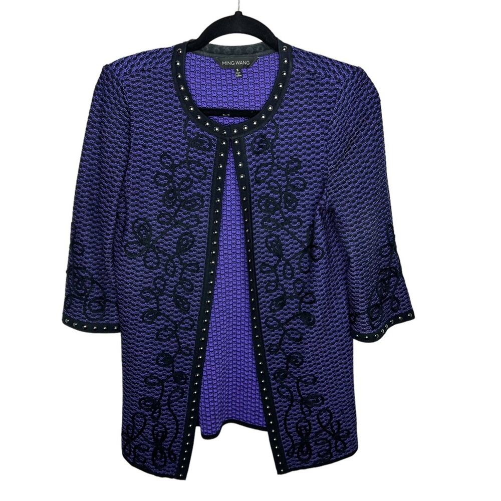 MING WANG / purple black appliqué studded cardigan sweater jacket / S